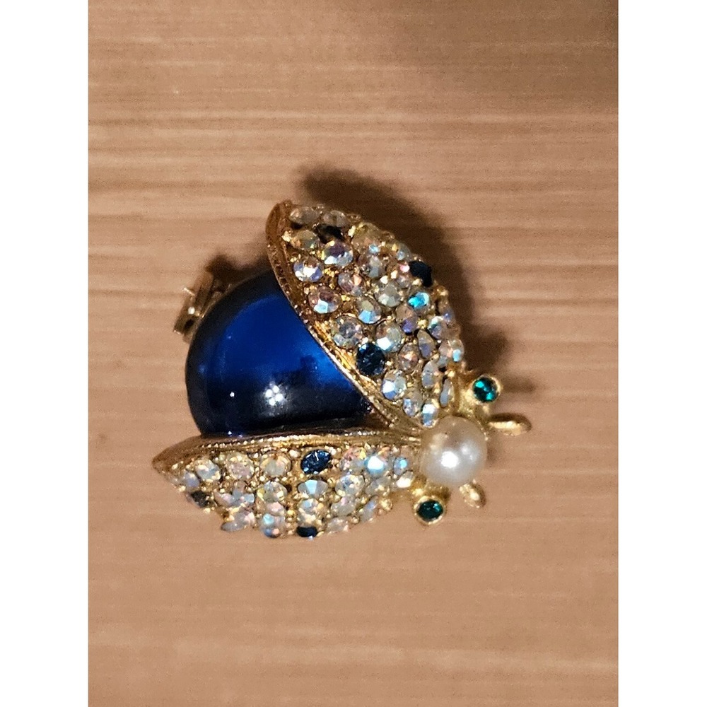 Sparkling Ladybug Brooch Pin Rhinestone Pearl Blue Gemstone Gold Tone - Picture 8 of 16